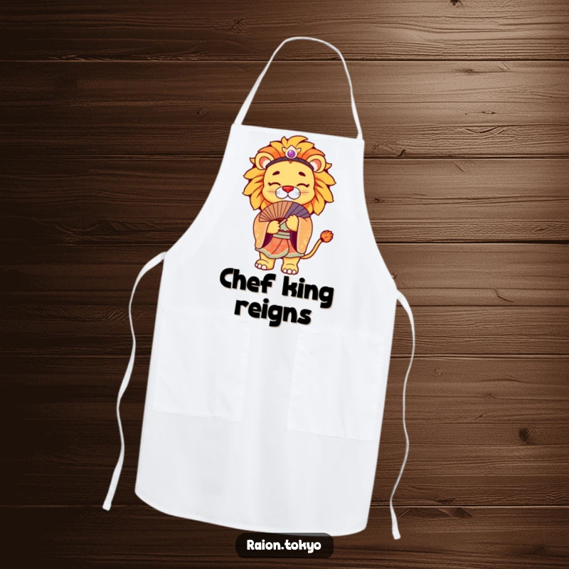 Funny Apron showcasing a regal lion wearing a vibrant kimono and bowing gracefully, perfect for chefs.