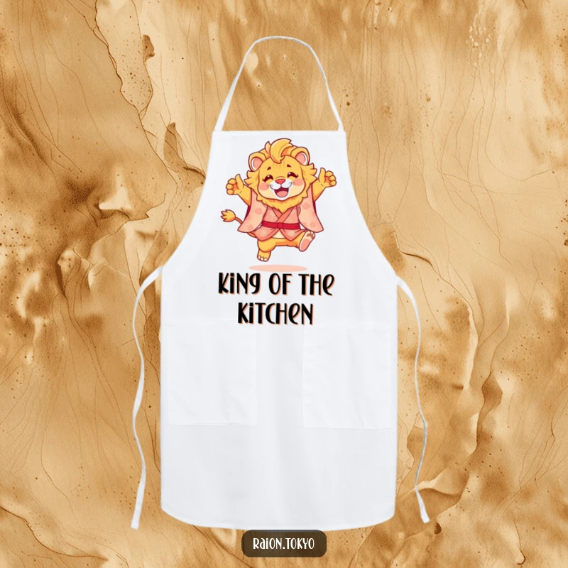 Funny apron featuring a happy lion in a stylish kimono mid-leap, ready for culinary fun in the kitchen.
