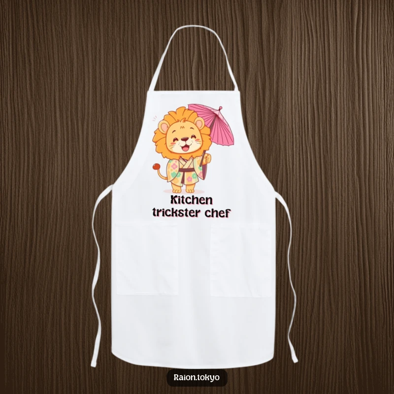 Funny Apron showcasing a playful lion wearing a colorful kimono and tossing a delicate paper umbrella.