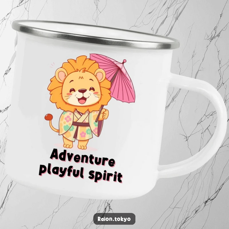 Funny Camping Mug with a playful lion wearing a colorful kimono, tossing a delicate paper umbrella, outdoors.