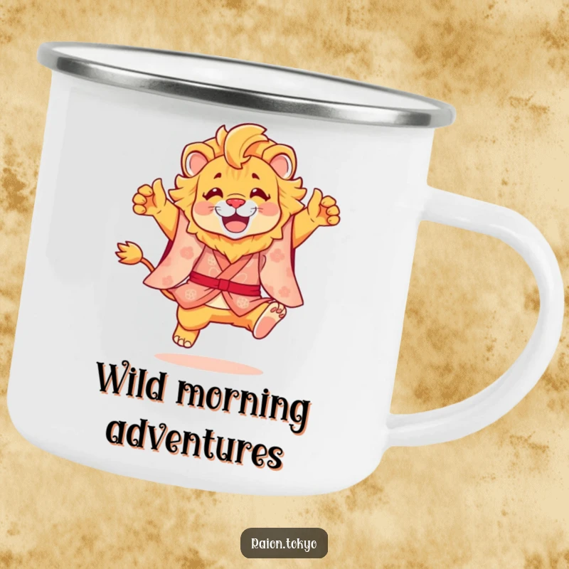 Funny camping mug showcasing a lion in a kimono performing a spirited leap, ready for outdoor adventures and laughter.