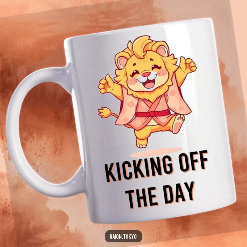 Funny mug featuring a majestic lion wearing a beautiful kimono, mid-leap with pure joy and energy, perfect for animal lovers.