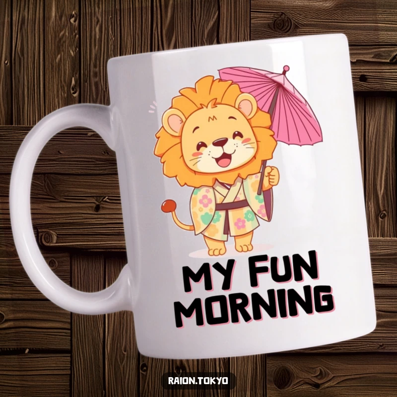 Funny Mug with a playful lion in a colorful kimono tossing a delicate paper umbrella, whimsical design.