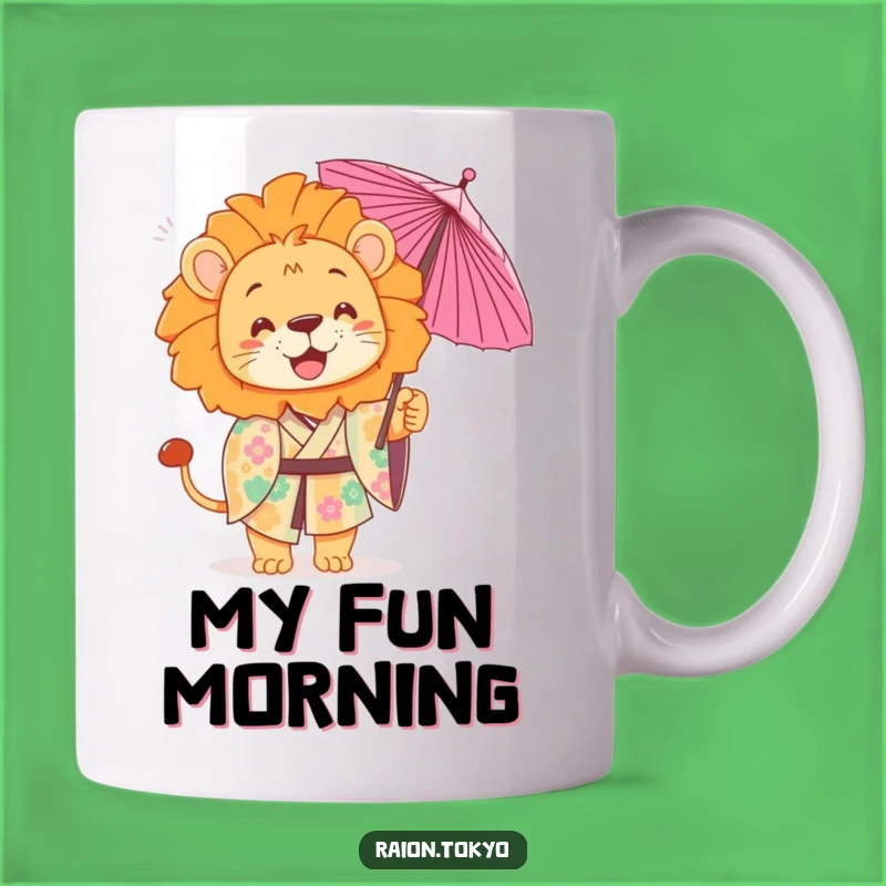 Funny Playful Lion Mug: Colorful Kimono Umbrella Toss Gift