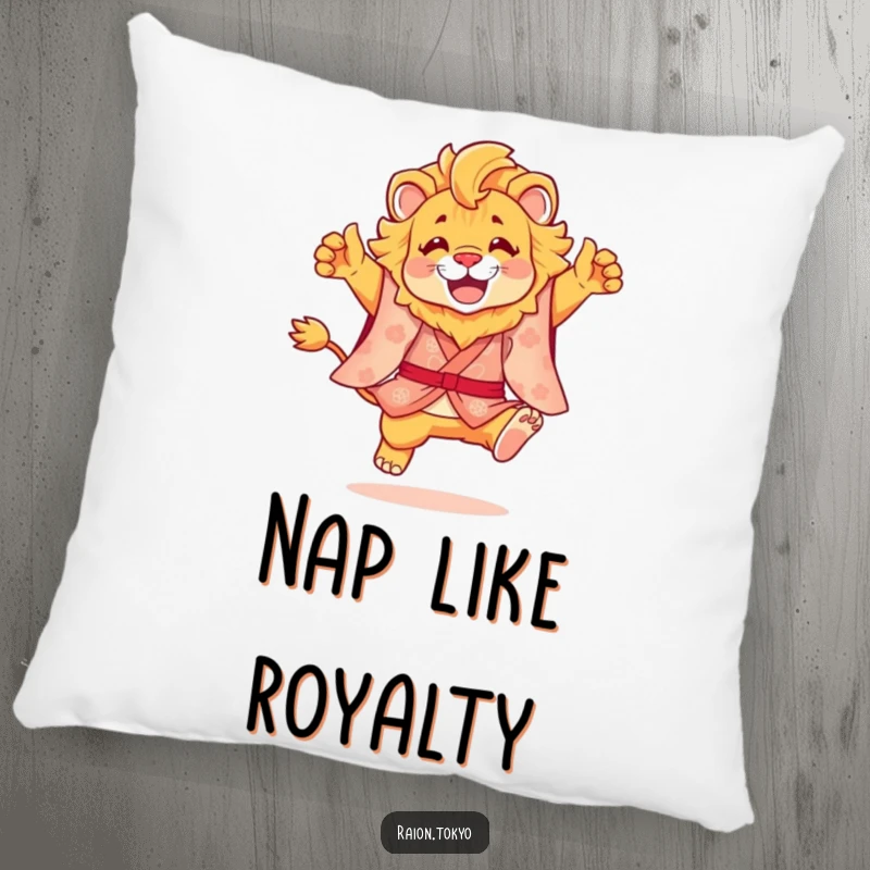 Funny pillow with a playful lion dressed in a kimono performing a dynamic, joyful leap, adding cheer to any room.