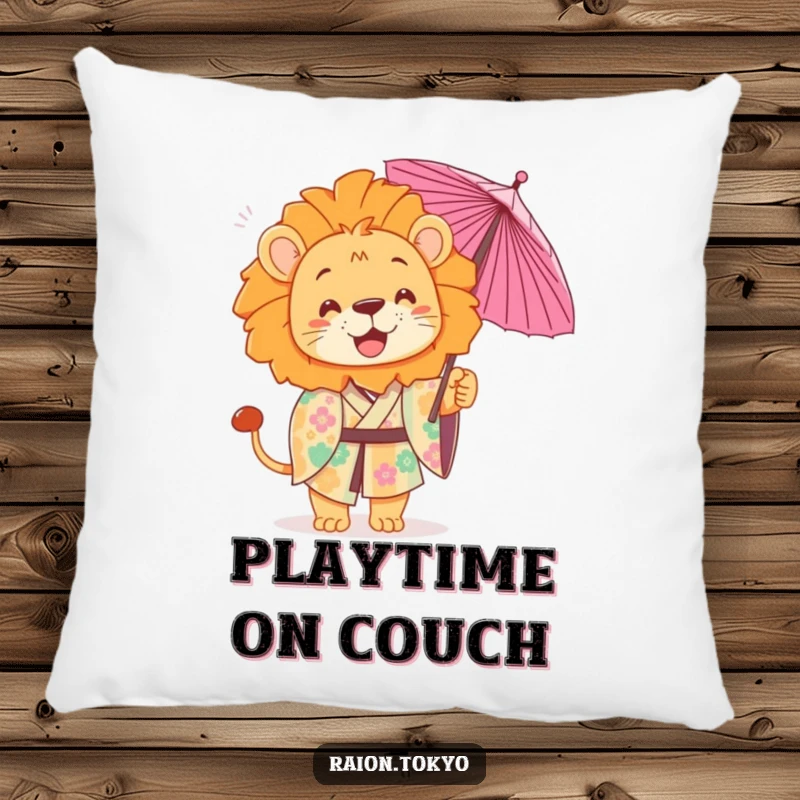 Funny Pillow decorated with a playful lion in a colorful kimono, tossing a delicate paper umbrella, fun accent.