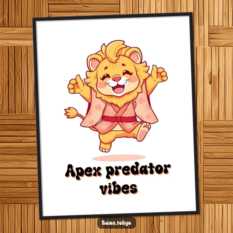 Funny digital art print of a lion in a beautiful kimono performing a dynamic, joyful leap, perfect for vibrant wall decor.