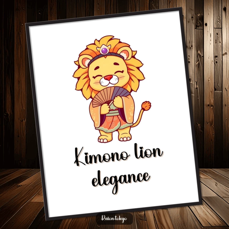 Funny Digital Art Print of a regal lion wearing a vibrant kimono, bowing gracefully with a fan.