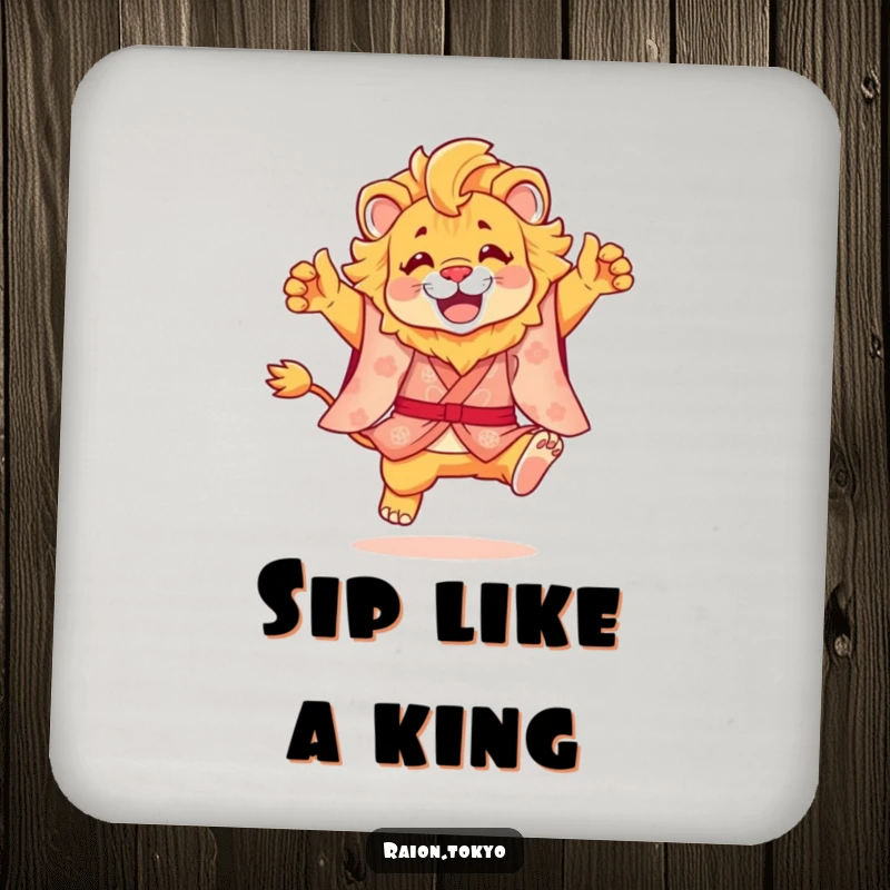 Funny coaster featuring a lion in a traditional kimono executing a joyful leap, protecting surfaces with artistic flair.