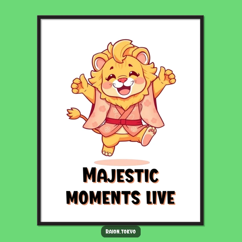Funny Lion Kimono Leap Poster - Vibrant Wall Art for a Joyful Space
