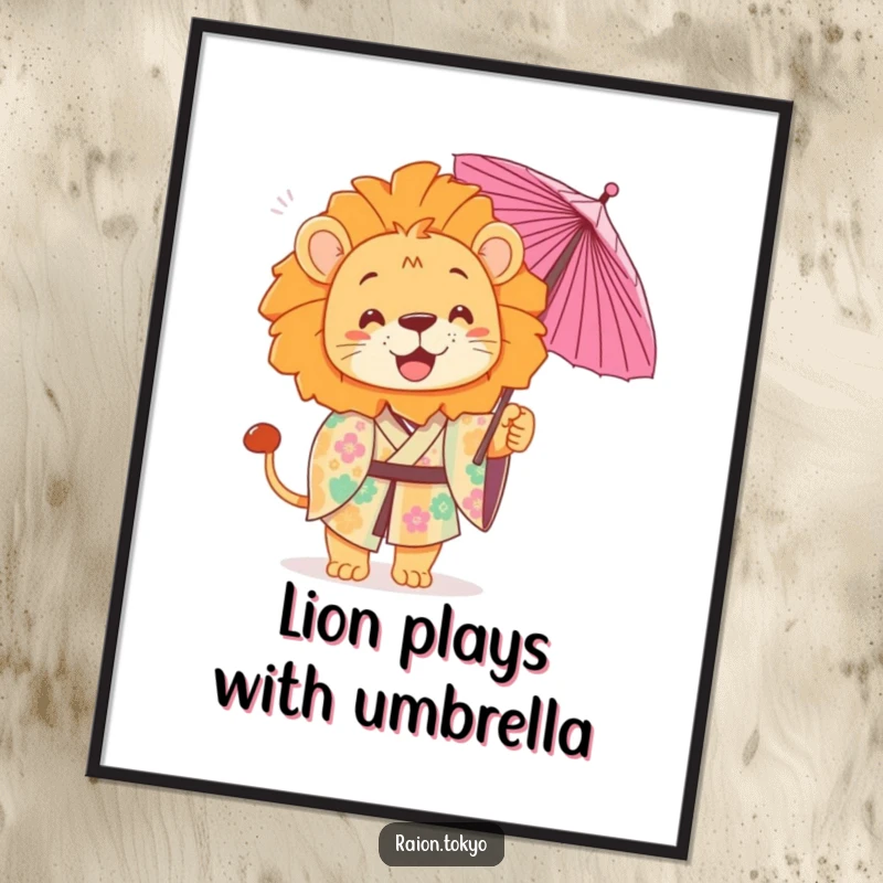Funny Poster featuring a playful lion in a colorful kimono, tossing a delicate paper umbrella, whimsical art.