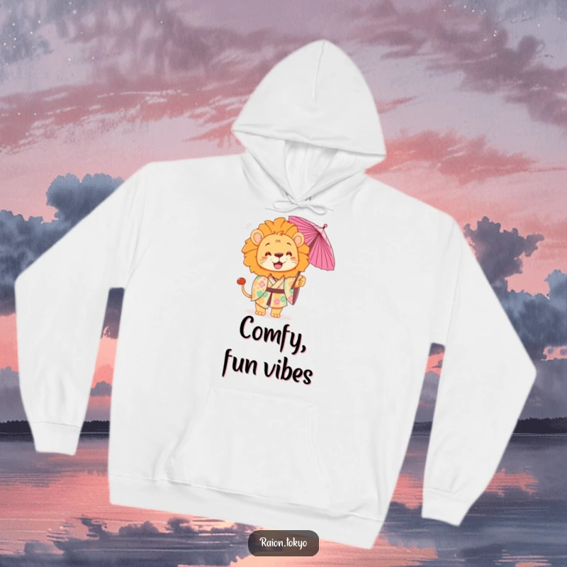 Funny Hoodie depicting a playful lion wearing a colorful kimono and tossing a delicate paper umbrella.