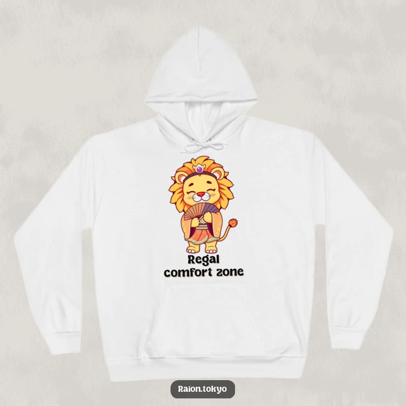Funny Hoodie depicting a regal lion wearing a vibrant kimono and bowing gracefully with a fan.