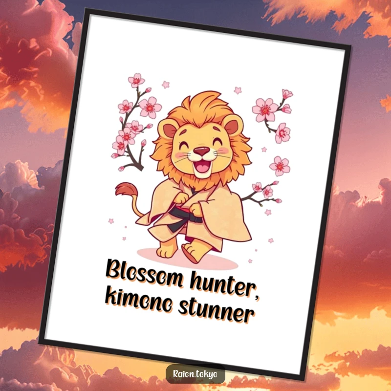Funny Free Printable Wall Art: A lion in a silk kimono playfully chasing after a single, delicate cherry blossom.