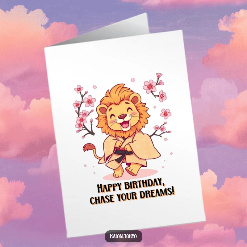 Funny Free Printable Birthday Card: A lion in a silk kimono playfully pursuing a delicate cherry blossom.