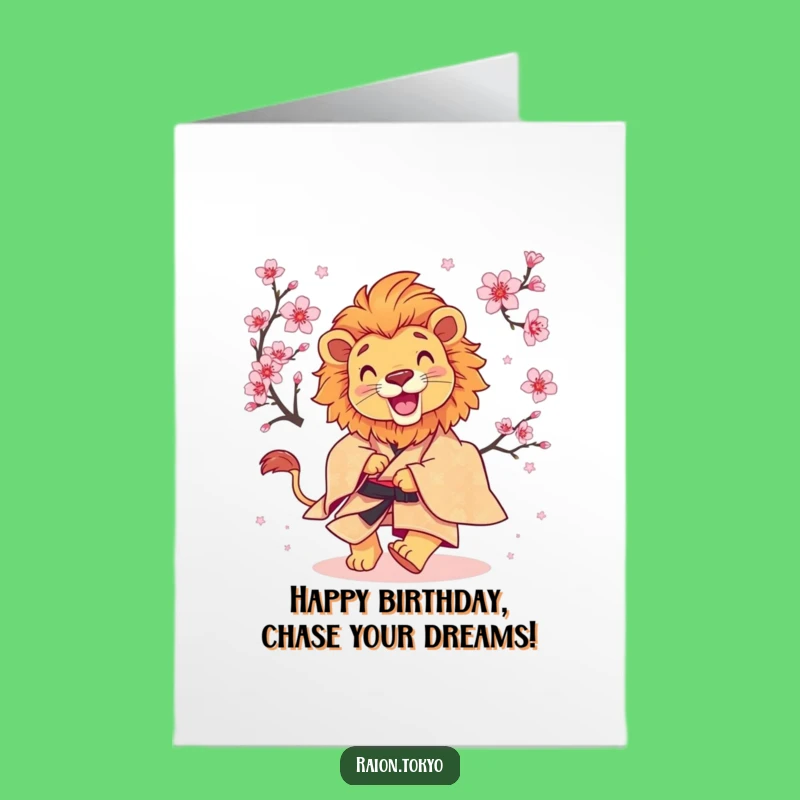 Free Printable Birthday Card: Lion Chasing Blossom, Funny Kimono Downloadable Gift