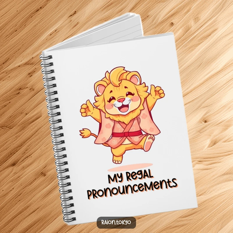 Funny notebook with a cover depicting a lion in a beautiful kimono performing an energetic, joyful leap, encouraging creativity.
