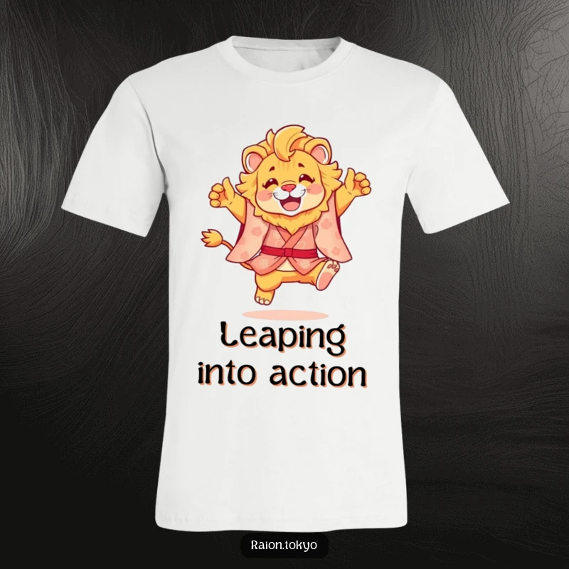 Funny t-shirt depicting a joyful lion in a colorful kimono performing an energetic leap, celebrating freedom and happiness.