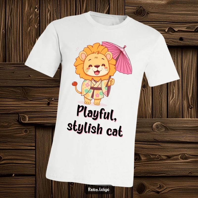 Funny T-Shirt featuring a playful lion in a colorful kimono, tossing a delicate paper umbrella, fun art.