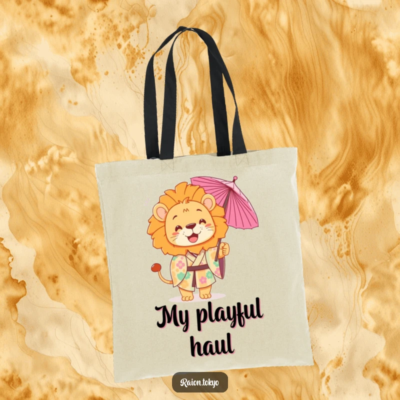 Funny Tote Bag with a playful lion in a colorful kimono, tossing a delicate paper umbrella, fun accessory.